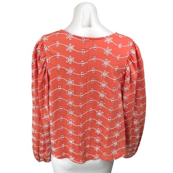 Asos Orange Floral Embroidered Eyelet Puff Long Sleeve V-Neck Blouse Top Size 8 - Picture 2 of 4
